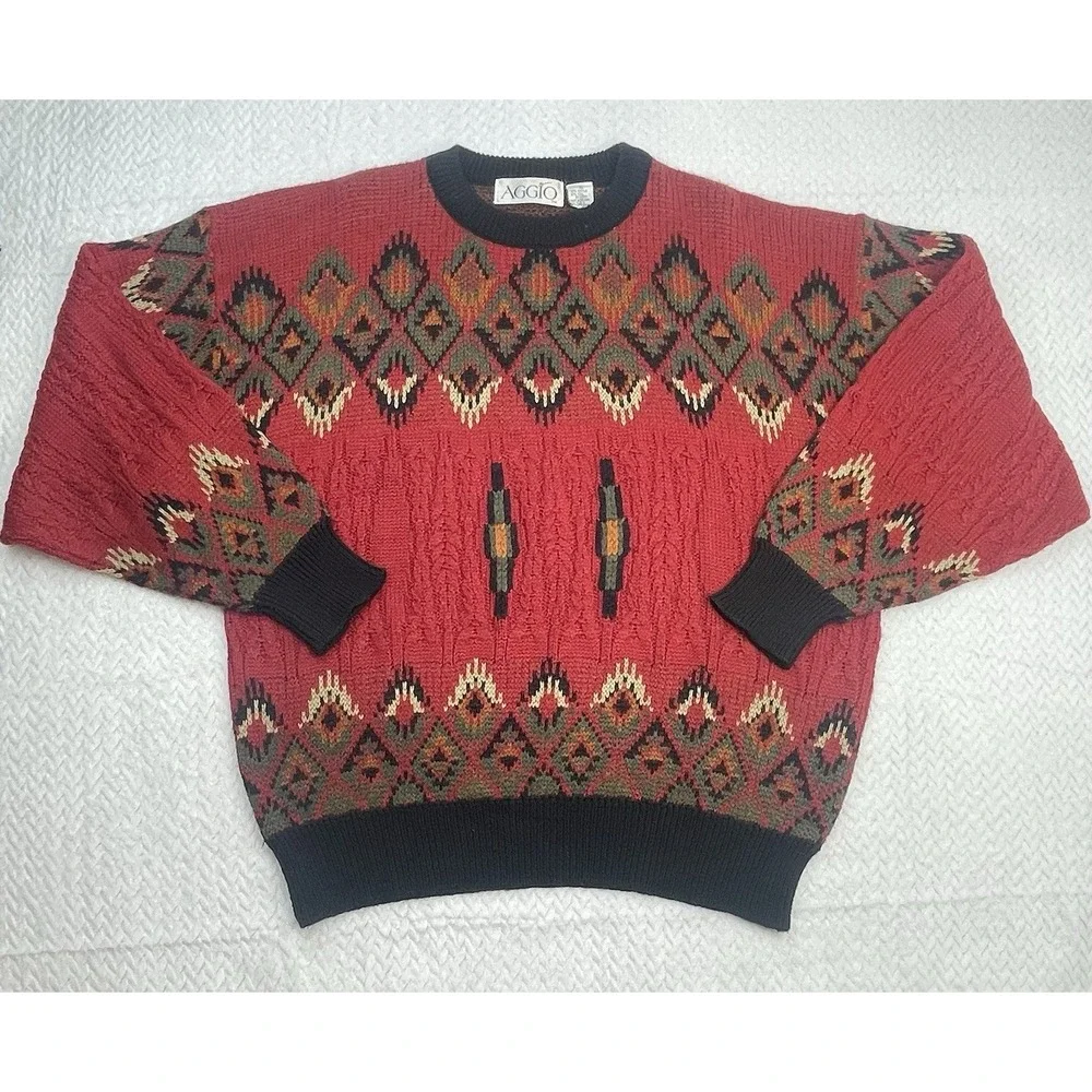 Vintage AGGIO Acrylic Wool Knit Sweater Men's‎ XL Aztec Navajo Coogi Cosby